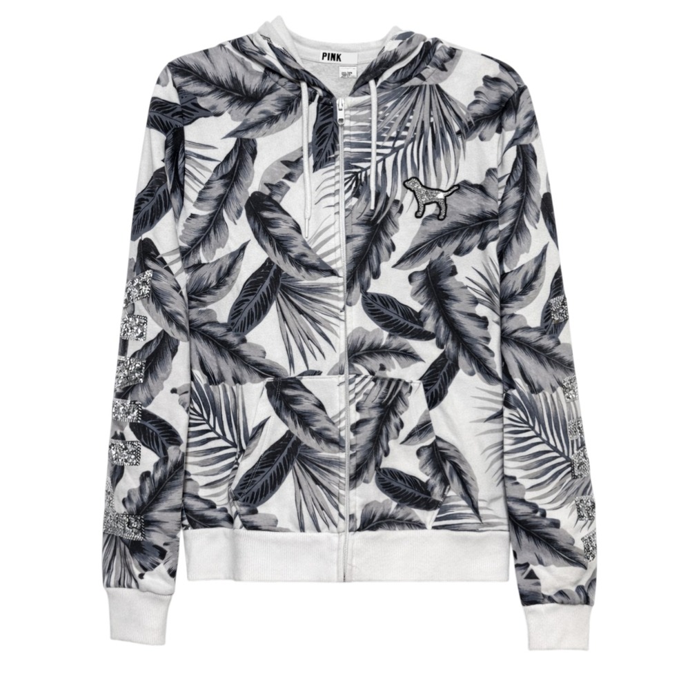 PINK VS Tropical Y2K Zip Hoodie Womens Small Palm Print Athleisure Soft Grunge